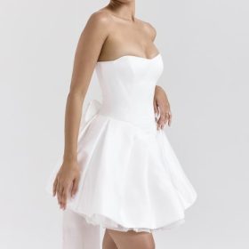 Noele White Satin Strapless Bow Mini Gown - Image 9
