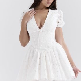 Imani White Pleated Broderie Anglais Mini Dress - Image 8