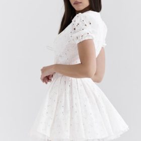 Imani White Pleated Broderie Anglais Mini Dress - Image 10