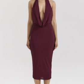 Florentina Merlot Draped Midi Dress - Image 5