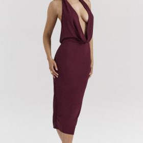 Florentina Merlot Draped Midi Dress - Image 8