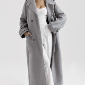 Sander Grey Double Breasted Funnel Neck Coat - Image 5
