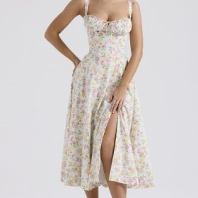 Carmen Pale Blue Meadow Print Cotton Bustier Sundress - Image 5