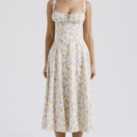 Carmen Pale Blue Meadow Print Cotton Bustier Sundress - Image 6