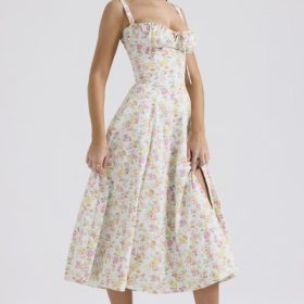 Carmen Pale Blue Meadow Print Cotton Bustier Sundress - Image 8