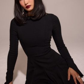 Francesca Black Stretch Crepe Godet Mini Dress