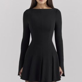 Francesca Black Stretch Crepe Godet Mini Dress - Image 5