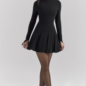 Francesca Black Stretch Crepe Godet Mini Dress - Image 7