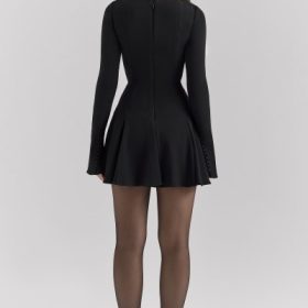 Francesca Black Stretch Crepe Godet Mini Dress - Image 10