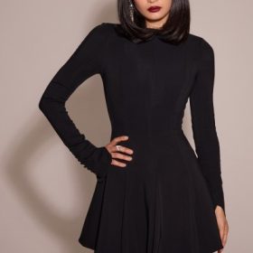 Francesca Black Stretch Crepe Godet Mini Dress - Image 13