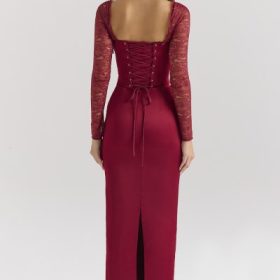 Perdi Berry Satin Maxi Dress with Corset