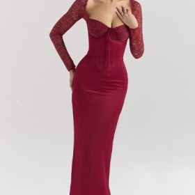 Perdi Berry Satin Maxi Dress with Corset - Image 5