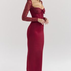 Perdi Berry Satin Maxi Dress with Corset - Image 9
