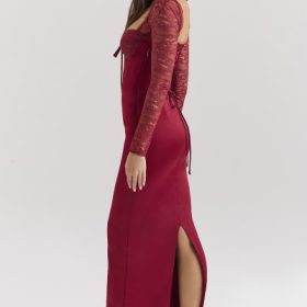 Perdi Berry Satin Maxi Dress with Corset - Image 10