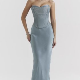 Nastassia Cool Blue Embellished Satin Corset - Image 7