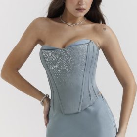 Nastassia Cool Blue Embellished Satin Corset - Image 9