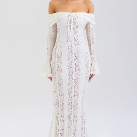 Belle Vintage Cream Floral Lace Off Shoulder Maxi Dress - Image 7