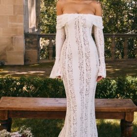 Belle Vintage Cream Floral Lace Off Shoulder Maxi Dress - Image 12