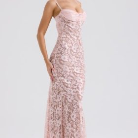 Azzurra Rose Pink Lace Godet Gown - Image 8
