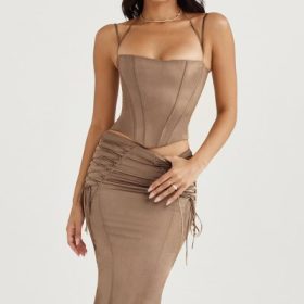 Sidonie Latte Satin Lace Up Midi Skirt - Image 5