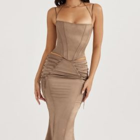 Sidonie Latte Satin Lace Up Midi Skirt - Image 8