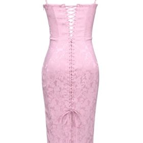 Ophelle Pink Jacquard Lace Up Bodycon Midi Dress - Image 4