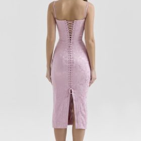 Ophelle Pink Jacquard Lace Up Bodycon Midi Dress - Image 12