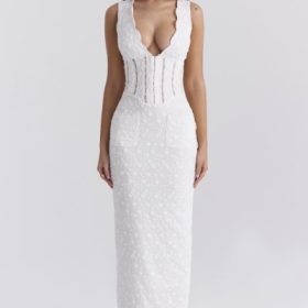 Sophina White Cotton Broderie Anglais Plunge Maxi Dress - Image 6