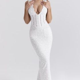 Sophina White Cotton Broderie Anglais Plunge Maxi Dress - Image 7