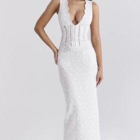 Sophina White Cotton Broderie Anglais Plunge Maxi Dress - Image 8