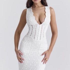Sophina White Cotton Broderie Anglais Plunge Maxi Dress - Image 9