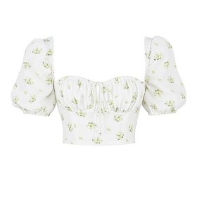 Arianna Ivory Floral Puff Sleeve Cropped Top - Image 2