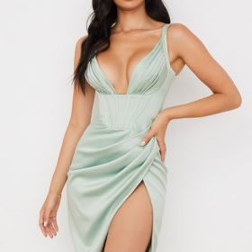 Faye Pistachio Satin Corset Midi Dress - Image 5