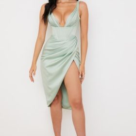 Faye Pistachio Satin Corset Midi Dress - Image 9