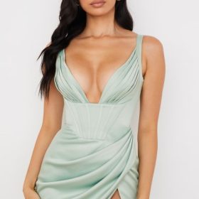 Faye Pistachio Satin Corset Midi Dress - Image 11