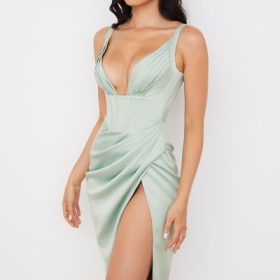 Faye Pistachio Satin Corset Midi Dress - Image 12