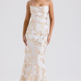 Capriana White & Gold Jacquard Satin Gown - Image 8