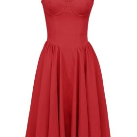 Samaria Red Gathered Midi Dress - Image 2