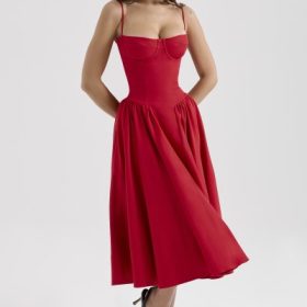 Samaria Red Gathered Midi Dress - Image 5