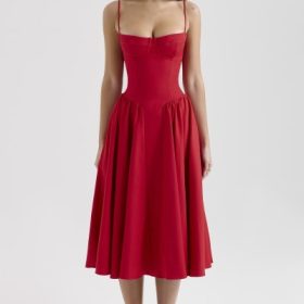 Samaria Red Gathered Midi Dress - Image 7