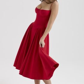 Samaria Red Gathered Midi Dress - Image 8