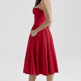Samaria Red Gathered Midi Dress - Image 10