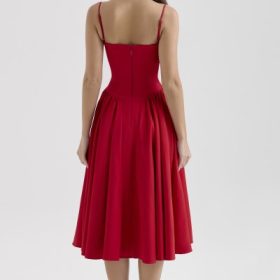 Samaria Red Gathered Midi Dress - Image 11