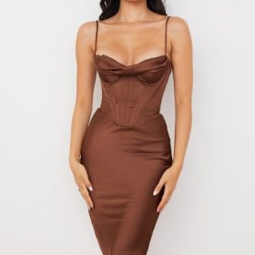 Myrna Chocolate Satin Corset Slip Dress - Image 5