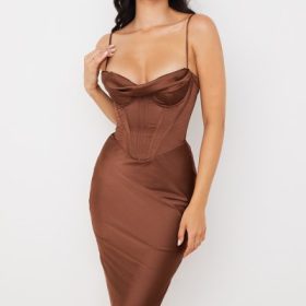 Myrna Chocolate Satin Corset Slip Dress - Image 7