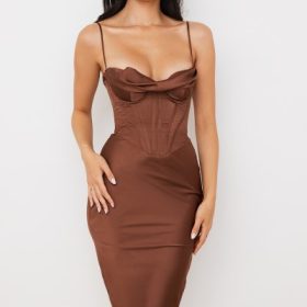 Myrna Chocolate Satin Corset Slip Dress - Image 8