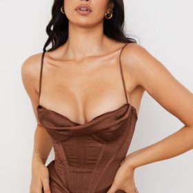 Myrna Chocolate Satin Corset Slip Dress - Image 11