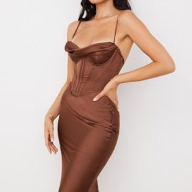 Myrna Chocolate Satin Corset Slip Dress - Image 12